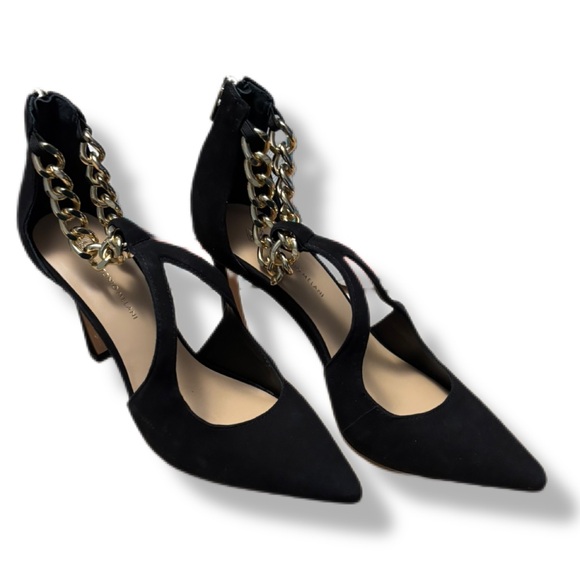 Antonio Melani Tiaa Black Suede Gold Chain Ankle Pumps Heels Size 8.5 - Picture 2 of 9